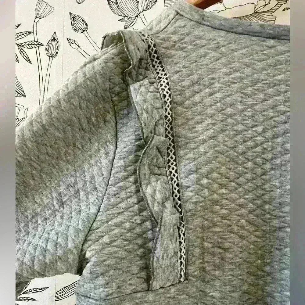 Gray V-Neck Sweater with Ruffles on Shoulders - Picture 3 of 3